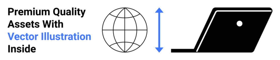 Globe next to laptop separated by vertical arrow symbolizing digital communication, global access, and data exchange. Ideal for global business, technology, innovation, remote work, education