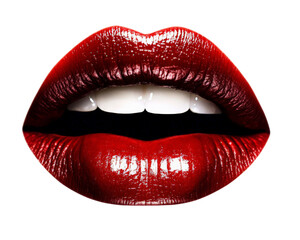 Obraz premium Human mouth with red lipstick, isolated isolated on transparent background, PNG file