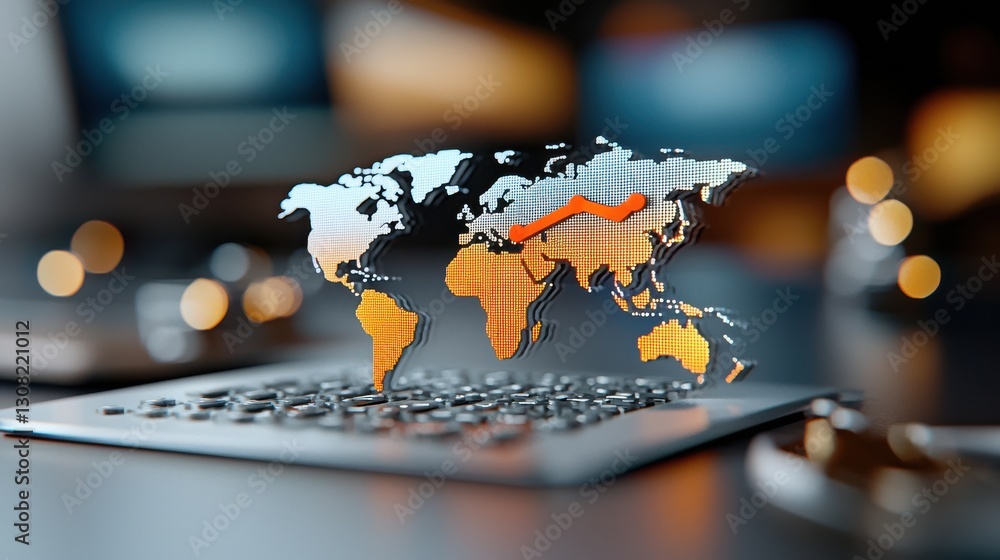 Poster global world map displayed on a laptop computer representing international business travel digital c