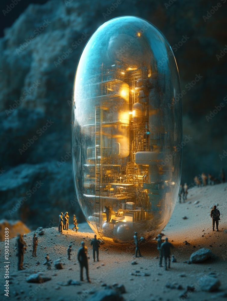 Poster giant pill surrounded by tiny engineers in surreal landscape showcasing ultra realistic textures and