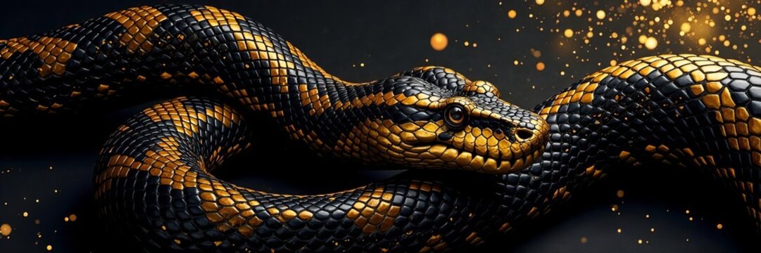 Abstract vector background of black and gold snake skin print, texture, python