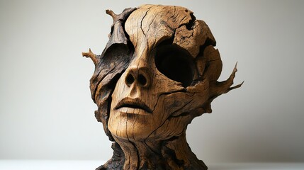 Obraz premium A carved wooden face sculpture depicting a stylized human expression