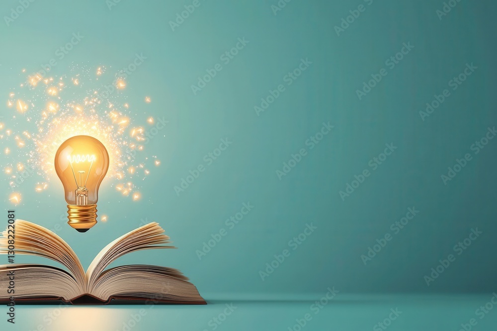 Poster glowing light bulb hovering over an open book symbolizing an educational innovation the image convey