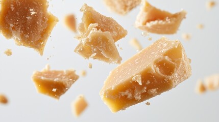 Falling parmesan cheese pieces, close-up.