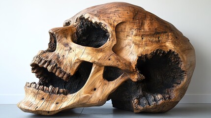 Naklejka premium Large wooden sculpture depicting the human skull side view