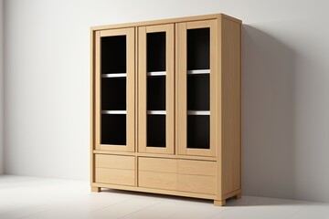 Obraz premium there is a tall wooden cabinet with glass doors in a room