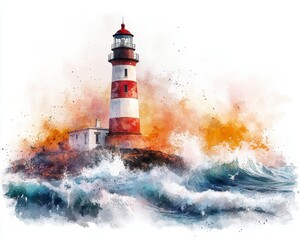 Obraz premium Watercolor Lighthouse Amidst Turbulent Ocean Waves