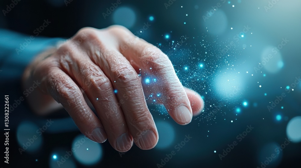 Poster glowing cosmic hand gesture emanating sparks of energy light and imagination a surreal mystical and 
