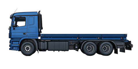 Side profile of a blue flatbed truck, showcasing its robust build and capacity for heavy-duty transportation.