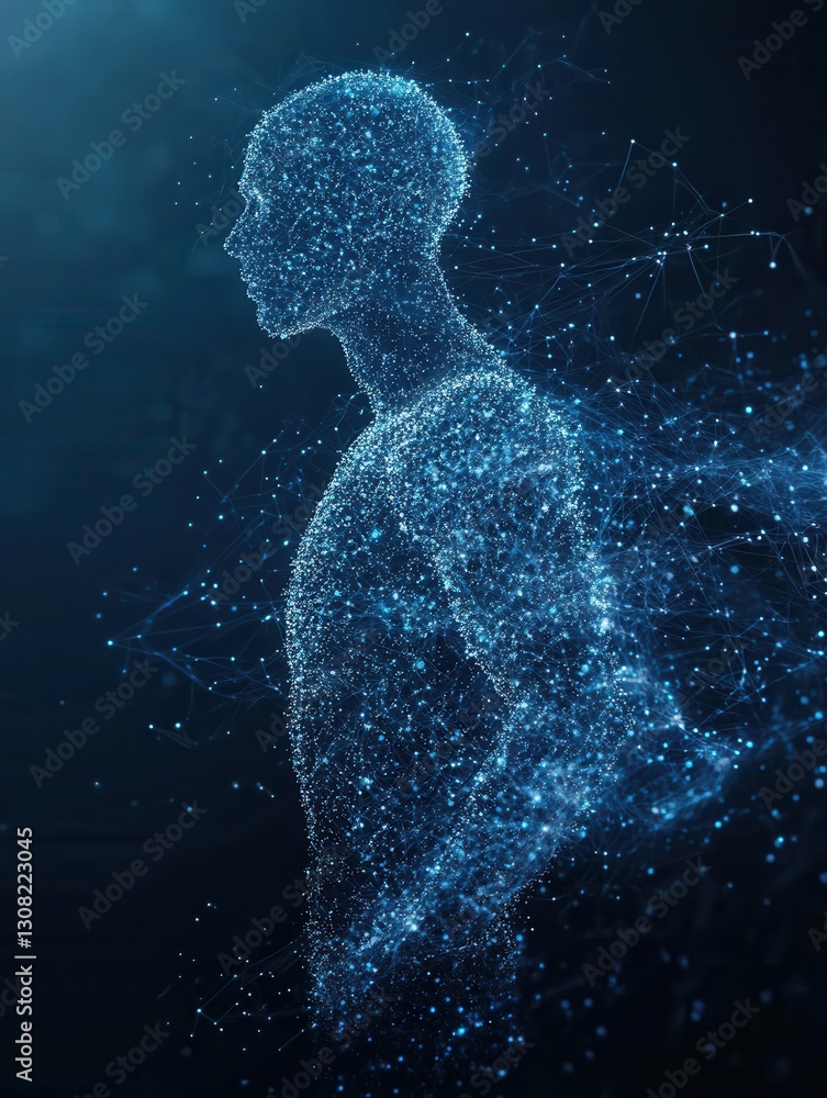 Aufkleber futuristic silhouette representing ai in politics with abstract digital particles and a dark blue am