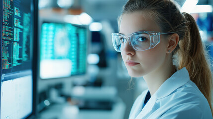 Fototapeta premium Aussie entrepreneurs businessman. A focused scientist in a lab with technology screens.
