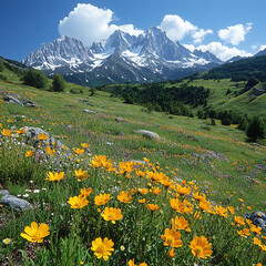 A mountain landscape with alpine flowers in the foreground and snow-capped peaks in the background