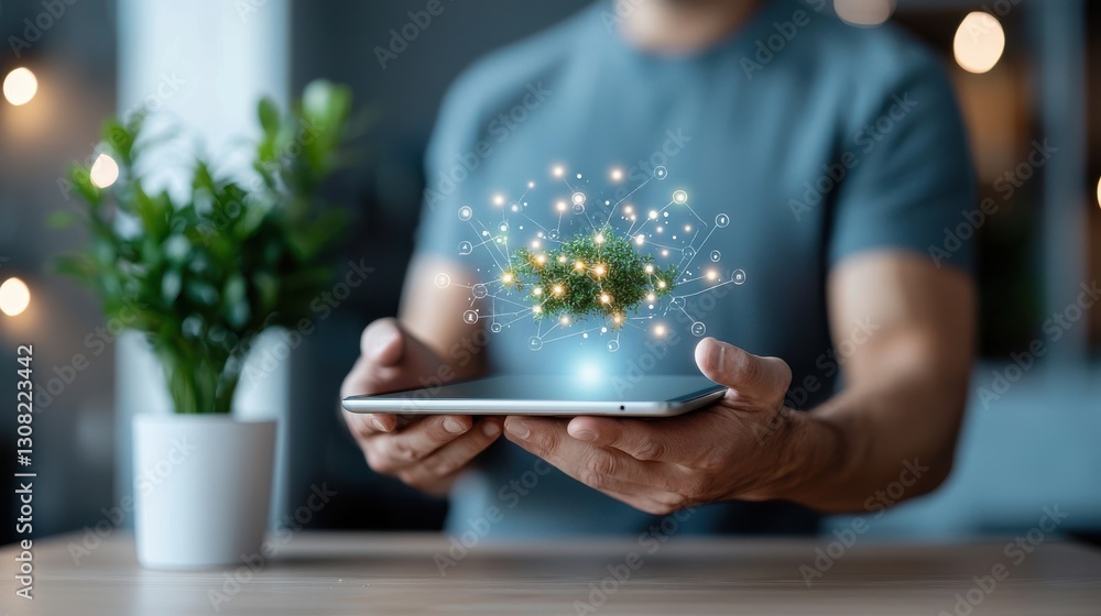 Poster glowing digital sparkles and lights emanating from a tablet screen symbolizing innovation technologi