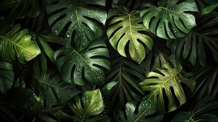 Fototapeta premium Lush green tropical leaves with water droplets.