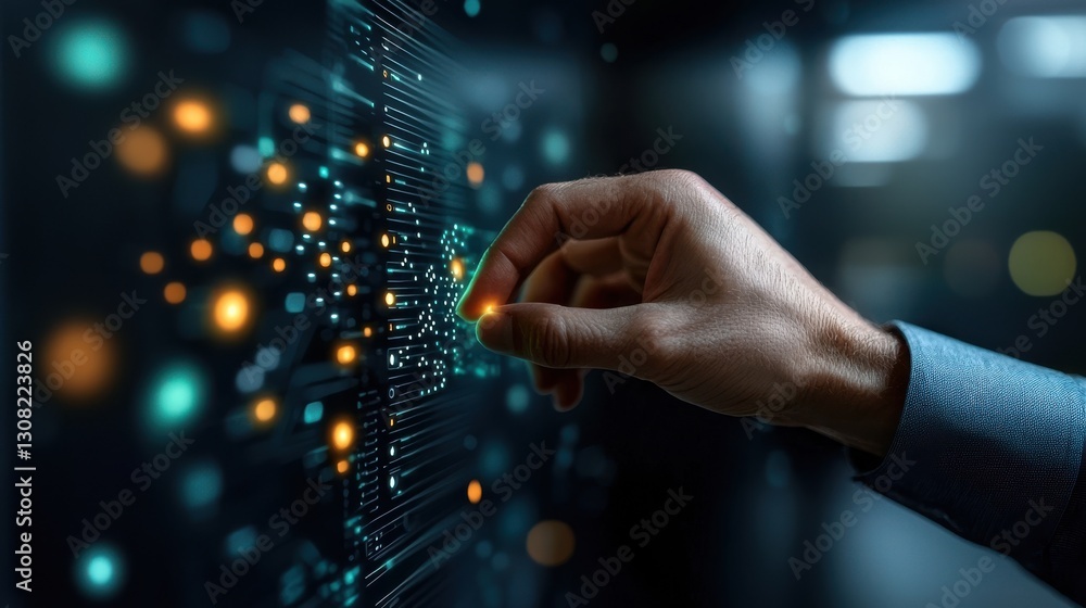Poster glowing digital particles and data elements flowing through a futuristic connected network landscape