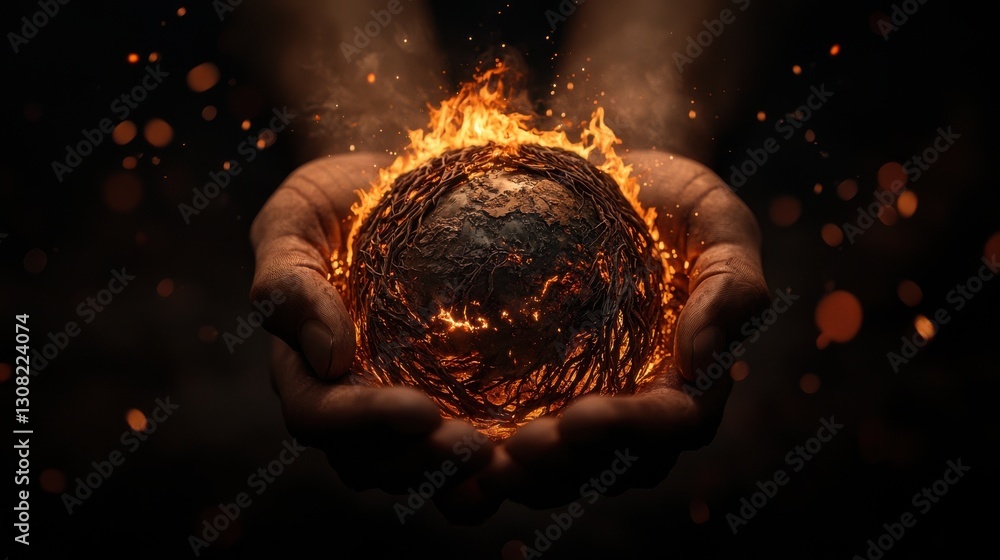 Poster hands holding fiery sphere of intense energy and power representing transformation creation and dest