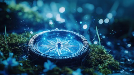 Glowing compass on mossy ground with magical light.