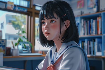 Portrait of a Thoughtful Young Girl in a Classroom Setting