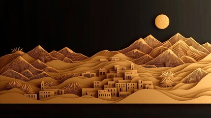 Artistic Paper Cut Landscape Featuring Majestic Mountains and Full Moon