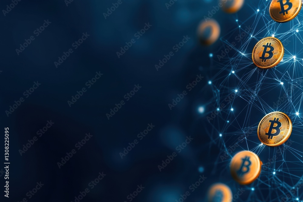Poster glowing bitcoin symbols on a dark futuristic background representing the decentralized digital curre