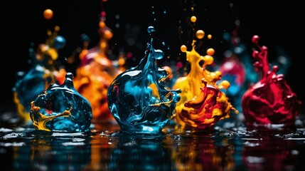 Color bursts and paint splashes, vibrant hues on dark, wet surface. Motion frozen, art in liquid moment.