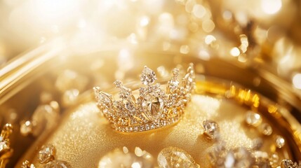 Sparkling crown jewels box, golden background, luxury