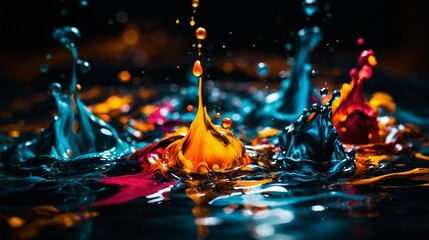 a dynamic splash of vibrant colors against a dark, reflective surface. Splashes of paint, in shades of blue, orange, red, and pink, are frozen mid-air, creating a sense of motion and energy.
