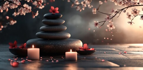 Obraz premium Zen stones, candles, blossoms; spa serenity (1)