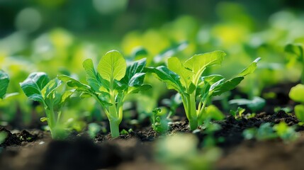Young Bok Choy sprouts growing in garden bed, sunlight