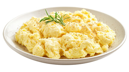 Plate of scrambled eggs isolated on transparent background, PNG file, classic breakfast