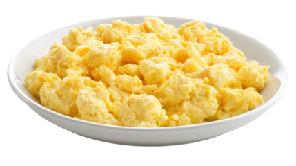 Plate of scrambled eggs isolated on transparent background, PNG file, classic breakfast