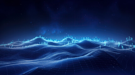 Abstract Blue Digital Background with Waves and Glowing Dots. Big Data Visualization for Financial News and Technology Presentations