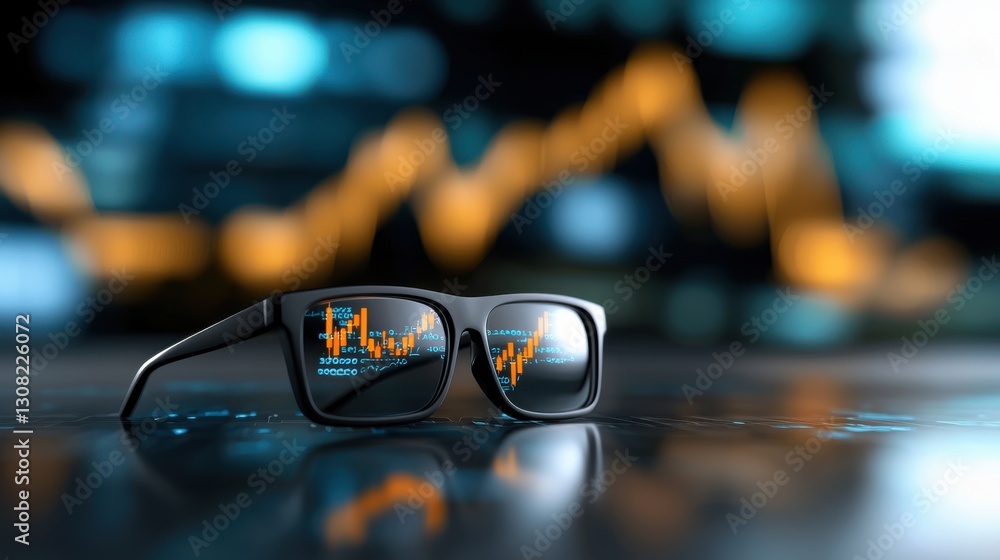 Poster glasses reflecting real time financial market charts and investment analytics on a cluttered office 