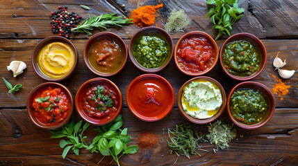Assorted Colorful Sauces in Elegant Bowls on Rustic Wooden Table with Fresh Herbs and Spices