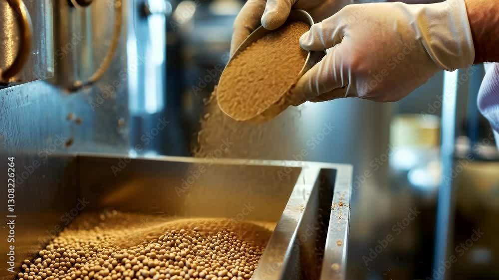 Poster gloved hands carefully managing granular material in a laboratory setting. the scene captures precis