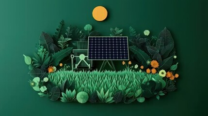 Vibrant Green Background Featuring Solar Panel Surrounded by Lush Plants