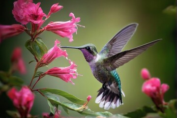 "Close-up of hummingbird in mid-flight near pink flower, surrounded by lush greenery in a serene garden setting."