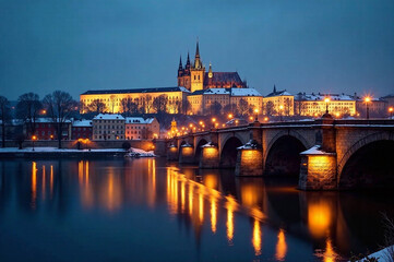Fototapeta premium Generate an AI photo of Prague's Charles Bridge and National Theatre, over the Vltava River in winter, featuring long exposure lighting at night. Focus on depth of field, a cold, atmospheric mood, dr