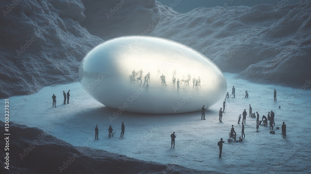 Poster surreal depiction of tiny engineers working around a giant pill in a dreamlike landscape generative 