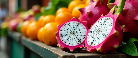 Juicy, ripe dragon fruit (pitaya) displayed at a vibrant food market stall in Valencia, Spain.  Focus on the texture and juicy appearance of the fruit.  High-key lighting, warm atmosphere, shallow dep