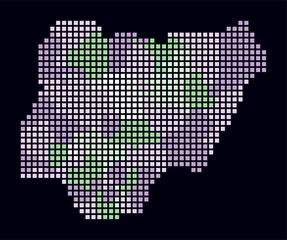 Nigeria dotted map. Digital style map of the country on dark background. Nigeria shape with square dots. Colored dots style. Large size squares. Plain vector illustration.