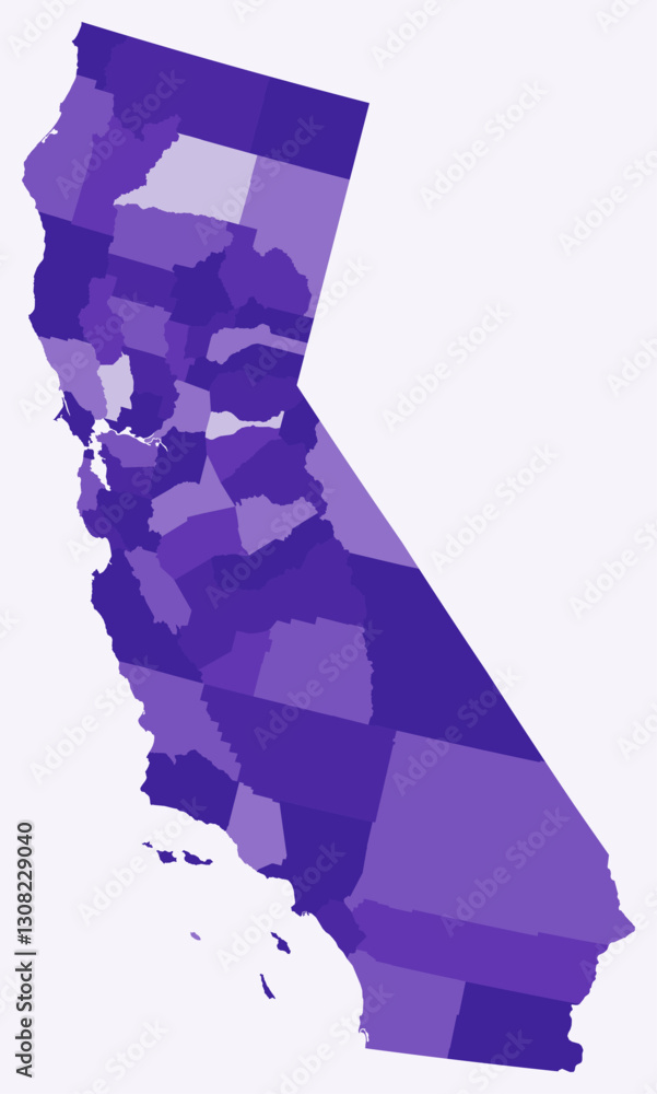Poster map of california with counties. just a simple state border map with county division. deep purple co