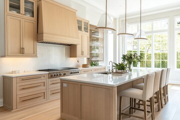 Fototapeta premium Light, airy kitchen with large island, shaker-style cabinets, and large windows overlooking a garden.