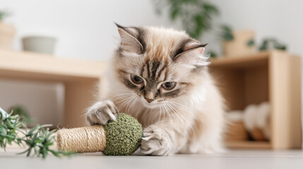 Eco-Friendly Pet Care for a Sustainable Lifestyle, Playful cat with eco friendly toy indoors
