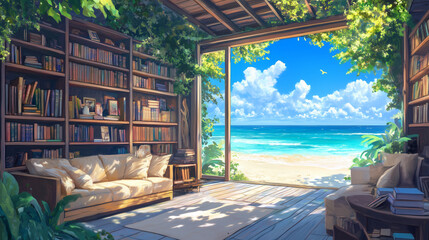Fototapeta premium Sunlit Beach Library with Ocean View and Bookshelves