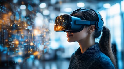 Young Woman Experiencing Immersive Virtual Reality Digital World