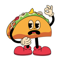 Retro Tacos Cartoon Character on White Background. Vector Illustration.