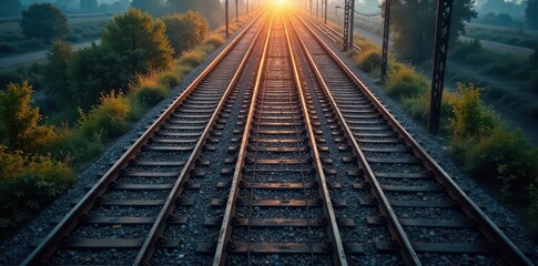 Naklejka premium Aerial shot of railway lines, intricate network, industrial scene, weathered, intersection
