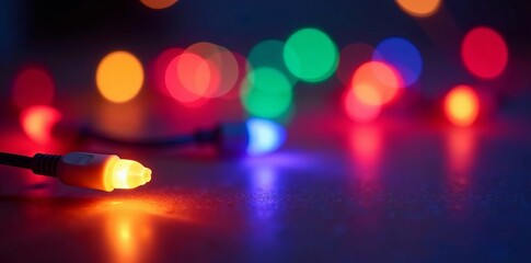 Close-up of glowing string lights in various colors for party ambiance, colors, party