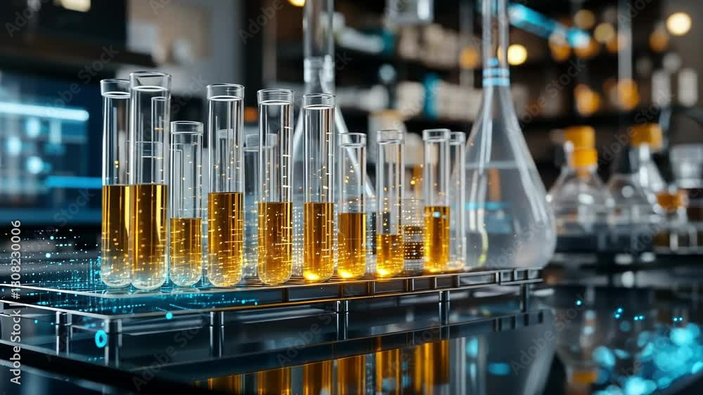 Aufkleber modern laboratory setup features a row of glowing test tubes filled with a golden liquid. digital el